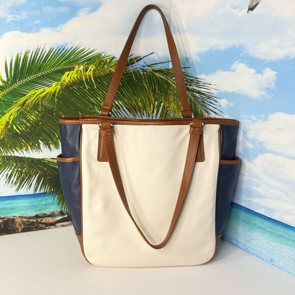 Coach F23683 Leather Legacy Stripe Tote Ivory Navy Brown Shoulder Bag - Picture 1 of 12